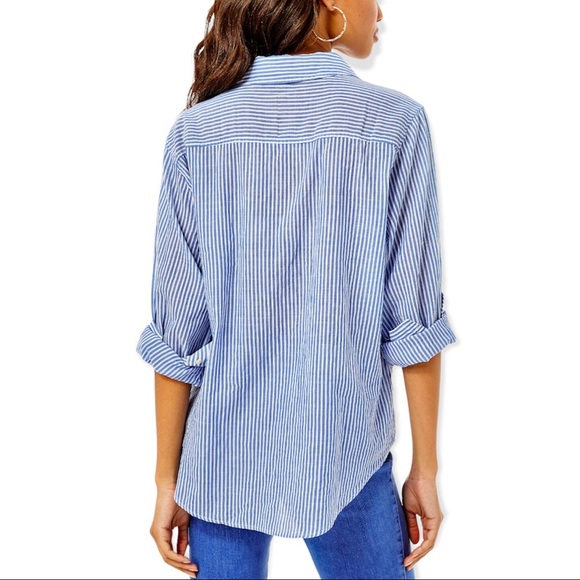 LILLY PULITZER Sea View Button Down Top Coastal Blue Lightweight Oxford Stripe - Picture 2 of 9